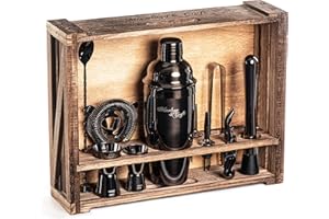 MIXOLOGY & CRAFT Mixology Kit de barman 11 pièces avec support en bois rustique | Kit parfait pour barman à domicile et shaker à cocktail pour une véritable expérience de mélange de boissons | Idée cadeau amusante