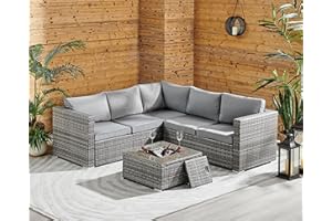 ECASA Outdoor Rattan Garden Furniture Corner Sofa Set With Cushions & Ice Bucket Coffee Table Compact Wicker Weatherproof Garden Set Seat Grey