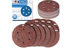 EffektWerk Sanding Discs (60 Pack, 6 Holes), 150mm Sandpaper w/ Multiple Grit Sizes (40, 60, 80, 120, 180, 240, 320, 400, 600, 800).