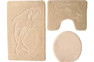 Ilkadim Delphin Badgarnitur 3 TLG. Set 55x85 cm einfarbig, WC Vorleger mit Ausschnitt für Stand-WC (beige)