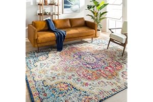 Livabliss Rabat Vintage Rug - Area Rugs Living Room 200x274 cm, Dining Floor, Kitchen, Traditional Multicoloured Boho Rug, Easy Care Pile, Bohemian Large , Fuchsia, Orange and Blue