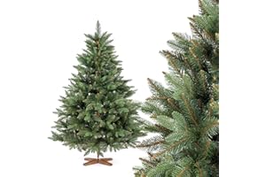 FAIRYTREES Sapin de Noël Artificiel, Nordmann Premium 150 cm, Éléments naturels moulés par Injection, Fabriqué en UE, Arbre de Noël avec Support en Bois de frêne Fait à la Main
