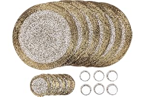 Penguin Home® Juego de 18 manteles Individuales con Cuentas de Cristal, Posavasos y servilletas, Color Dorado y Blanco, diámetro de 32 cm