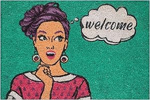 Baroni Home Zerbino da Esterno in Cocco Dipinto a mano con Base in PVC, Tappeto da Esterno Ultraresistente e Facile da Pulire, Pop Art Welcome, 60x40 cm