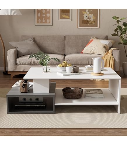 Tavolino Da Caffè ML-Design Bianco Con Barra Metallica - 91x41x52,6 Cm, 3 Ripiani, Design Moderno Per Soggiorno O Ufficio