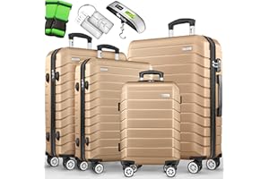 tillvex® Set 4 valigie rigide S-M-L-XL + bilancia, 8 cinghie e 4 etichette bagagli | Valigia da viaggio leggera con 4 ruote piroettanti | Guscio rigido in ABS con lucchetto TSA (Champagne)