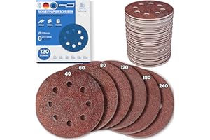 EffektWerk Sanding Discs (120 Pack, 8 Holes), 125mm Sandpaper w/ Multiple Grit Sizes (40, 60, 80, 120, 180, 240).