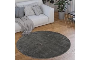 ‎PACO HOME Paco Home Waschbarer Teppich Rund Wohnzimmer Kurzflor rutschfest Modern Flauschig Einfarbiges Muster, Grösse:120 cm Rund, Farbe:Anthrazit