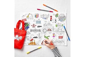 eatsleepdoodle London Colouring Placemat for Kids w/10pk Washable Markers - Features London Landmarks, London Souvenir for Kids