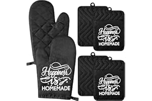 GROBRO7 6 teiliges lustiges Ofenhandschuh Set, Happiness is Homemade hitzebeständig heiße Pads maschinenwaschbar langlebiger Taschen Topflappen mit Aufhängeschlaufe für sicheres Backen Kochen Grillen