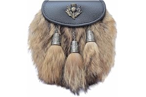 KILT MANIA Traditional Scottish Semi-Dress Kilt Sporran – Highland Daywear Sporrans Thistle Emblem, Leather Flap and 3 Tassels, Elegant Handcrafted Kilt Sporran with Chain Belt