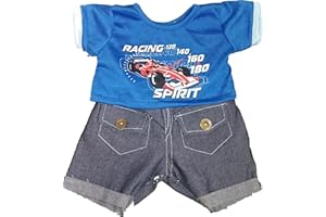 TEDDY MOUNTAIN Blue Racing Car Top with blue denim jeans fits 15-16 inch (40cm) Teddy Bears