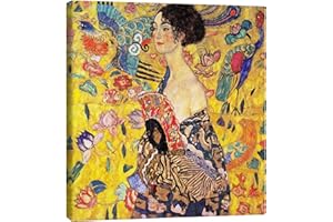 Posterlounge La dame à l'éventail Tableau sur toile de Gustav Klimt Tableaux pour toutes les pièces 40 x 40 cm Déco colorée Art nouveau Décoration murale