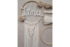 LIDAM Makramee Namensring als einfaches Bastelset - anfängerfreundlich mit Bilderanleitung - Baby Geschenk Geburt - Traumfänger, Taufgeschenk, Makramee Set, Türschild, Deko Kinderzimmer