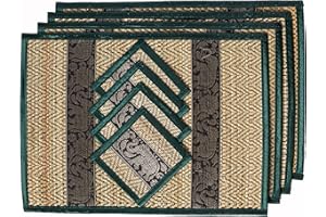 CCCOLLECTIONS Hand-Woven Wicker Reed Placemats Coaster Set Eco-Friendly Alternative to Plastic Heat Resistant Thai Style Durable Easy to Clean for Dining Table Set of 4 (Medium Dark Green)