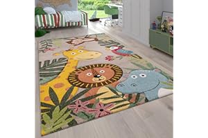 Paco Home Alfombra Habitación Infantil para Niños Motivo De Animales Y Selva Pelo Corto, tamaño:120x170 cm, Color:Beige
