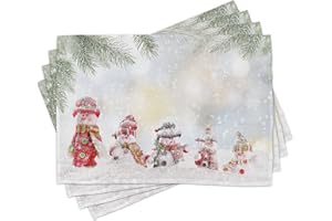 ABAKUHAUS Weihnachten Platzmatten, Kleine Schneemann im Schnee, Waschbare Stoff Esszimmer Küche Tischdekorations Digitaldruck, Rot Weiß