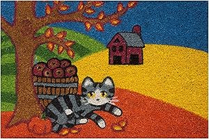 Baroni Home Zerbino da Esterno in Cocco Dipinto a mano con Base in PVC, Tappeto da Esterno Ultraresistente e Facile da Pulire, Gatto Paesaggio Autunnale, 60x40 cm