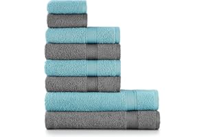 nottoc set asciugamani bagno grigio/turchese, 2 asciugamani da bagno + 4 asciugamani + 2 asciugamani per ospiti – asciugamani bagno 100% cotone assorbenti super morbidi – 8 pezzi