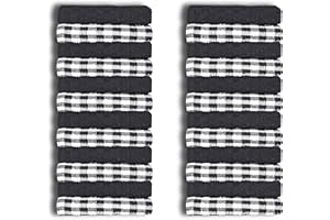 A & B TRADERS 100% Cotton Terry Tea Towels Packs (Sets of 2, 3, 6, 12 or 15) Egyptian Mono Check Superdry Soft Professional Hotel Quality Kitchen Dish Cloth (Black, 24)