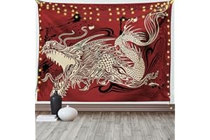 ABAKUHAUS Dragón Tapiz de Pared y Cubrecama Suave, Bosquejo Dragón Enfadado sobre Fondo Desgastado Mitología Japonesa Patrón Etéreo, Lavable Colores Firmes, 150 x 110 cm, Rubí