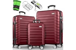 tillvex® Reisekoffer Set 3-TLG. + Gepäckwaage, 6X Koffergurte & 3X Kofferanhänger | Kofferset 4 Rollen | Trolley Gepäck Koffer TSA Schloss | Rollkoffer Hartschalenkofferset M-L-XL (Rot)