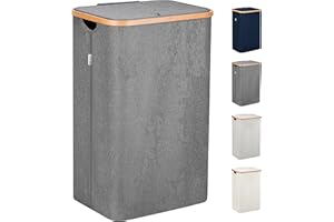LONBET 100L Laundry Basket with Lid and Sturdy Bamboo Frame - Aesthetic Laundry Hamper with Side Handles and Made from Breathable Fabric - Laundry Bin with Removable Bag, Clothes Basket Grey