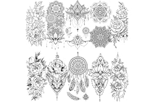 LAROI 10 Sheets Black Indian Lace Temporary Tattoos Flower Mandala Flower DreamCatcher Tattoos Temporary Adults Stickers Peony Girlsboys Body Art Arm Waterproof Tatoo Fake Jewels Wedding Brides