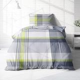 Träumschön Bettwäsche 135x200 Baumwolle Grün Grau - Moderne Biber Bettwäsche Baumwolle 135x200 Herbst - Tolle Bettwäsche grau