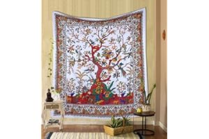 THE ART BOX - Tapiz decorativo para pared, diseño de árbol de la vida, color blanco – 135 x 150 cm – Manta de pared de algodón indio psicodélico – Tapices hippie para decoración interior