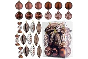 Prextex Bolas de Navidad Marrones para Decoración Navideña – 24 Adornos Navidad Irrompibles con Anilla para Colgar – Decoración Navidad y Fiestas - Lote de Bolas en 8 Formas y Estilos