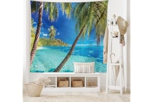 ABAKUHAUS Tropisch Wandteppich und Tagesdecke, Palmen, Meer, Strand aus Weiches Mikrofaser Stoff Waschbar ohne Verblassen Digitaldruck, 230 x 140 cm, Türkis Blau