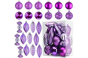 Prextex Bolas de Navidad Púrpura para Decoración Navideña – 24 Adornos Navidad Irrompibles con Anilla para Colgar – Decoración Navidad y Fiestas - Lote de Bolas en 8 Formas y Estilos