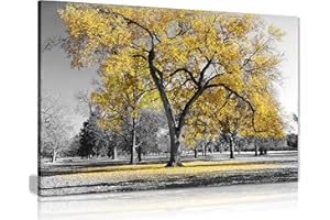 Panther Print Impression sur toile avec grand arbre et feuilles jaunes - Noir et blanc - 24 x 16 cm