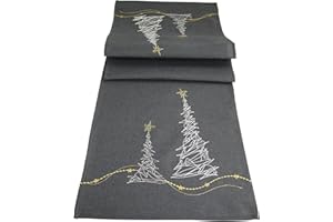 khevga Tischläufer Tischdecke Weihnachten modern in Grau mit Stickerei Gold Silber (Grau_Baum)