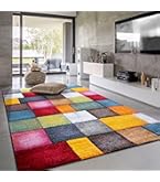 Tapis Design Contemporain Traum - Gris, Turquoise, Crème, Carreaux, Poil Ras, 100% Merilon