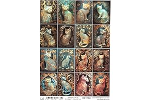 Josys Bastelmärchen Reispapier A4 Strohseide Decoupage Katzen Patina Gold Blumenmuster RE1760