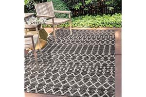 JONATHAN Y SMB108F-5 Ourika Tappeto marocchino a trama geometrica per interni ed esterni, bohémien, scandinavo, facile da pulire, cortile, patio, non perde pelo, NERO/GRIGIO, 150 cm X 240 cm