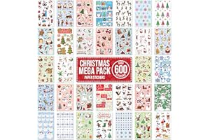 FUN STICKERS Christmas Stickers Decorating Bulk Pack Xmas Sale 32 Sheets - Over 600 Self Adhesive Paper Stickers - Merry Xmas Crafting, Scrapbook, Gift, Present, Party Bag Filler, Card Making Supplies for Kids