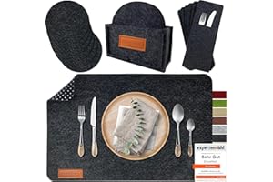‎MAHEWA MAHEWA® 6er Set Premium Filz Tischset Platzset mit 6X Glasuntersetzer 1x Halter und 6X Bestecktaschen rutschfest Ab-waschbar Anthrazit 6er Set mit Zubehör
