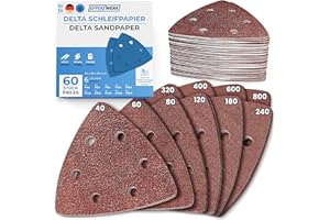 EffektWerk Delta Sandpapers (60 Pack, 6 Holes), 93 x 93 x 93mm Triangular Sanding Pads for Mouse Sanders, Multiple Grit Size (40, 60, 80, 120, 180, 240)