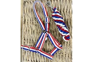 ABERWIEL SADDLERY Adjustable Headcollar & Leadrope Set - Shetland up to Full Size - Red/White/Blue Shetland
