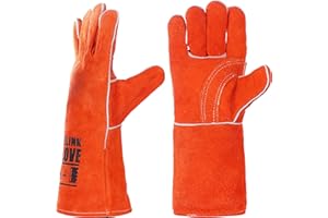 QeeLink Guantes de Cuero para Soldadura – Resistente al Calor e Ignífugo para Soldadores/Chimenea/Barbacoa,1 Par