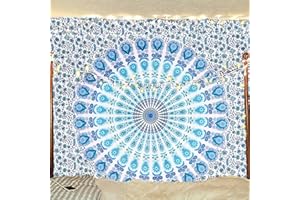 Bless International Indian hippie Bohemian Psychedelic Peacock Mandala Wall hanging Bedding Tapestry (Peacock Sky Blue, Twin (54x72Inches)(140x185cms))