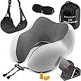 Airplane Neck Pillow Includes Travel Pillow + Airplane Phone Holder Mount + Eye Masks + Foot Hammock + Earplugs for Travel, 100% Pure Memory Foam Travel Pillow, 5 Pc Travel Kit, 2 Pack