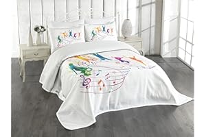 ABAKUHAUS Juventud Cubrecama, Gente Activa Bailando Saltando Siluetas Vibrantes Notas Musicales Festival Alegre, Colores Firmes y Durables, 170 x 220 cm, Multicolor