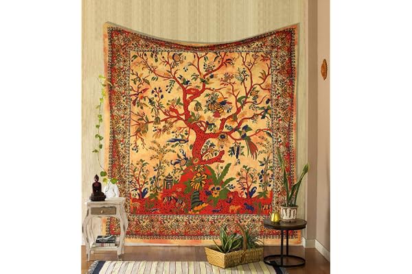 THE ART BOX Jaune Arbre de Vie tenture Murale Tapisserie, tapisseries psychédéliques, Couvre-lit Double en Coton Indien, Plaque de Pique-Nique, décoration Murale, Art Mural au Plafond