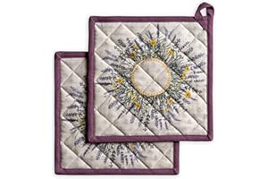 MAISON D' HERMINE Maison d 'Hermine Fanny Lavender 100% cotone Set di 2 presine resistenti al calore con anello per barbecue, Cucina, Grigliare, Microonde, primavera/estate (20cm x 20cm), Festa della mamma