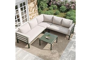 Laxnb Gartenmöbel Set Balkonmöbel Garten Lounge Möbel Outdoor, 4-5 Sitzer Ecksofa mit Couchtisch, Bequeme Kissen, Glastischplatte, Gartenlounge Patio Terrassemöbel, verzinkter Eisenrahmen (Beige+Grün)