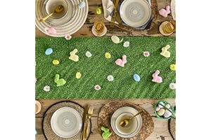 Celebright Easter Grass Runner - 180cm x 40cm - Includes 12 Easter Eggs, 12 Bunny Figurines and 30 Daisy Decorations - Festive Table Centrepiece for Easter, Family Dinners and Springtime Celebrations
